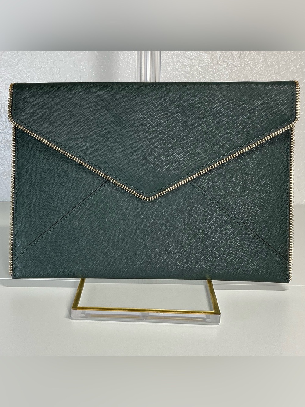Rebecca Minkoff Green Leather Envelope Clutch Zip Around Oversized Wristlet